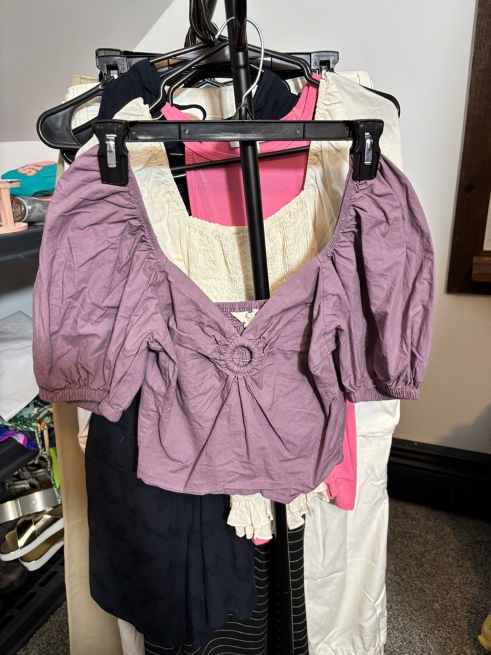 Puff-Sleeve Lilac Crop Top with Ring Detail
